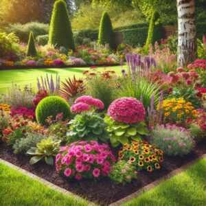 A flowerbed sitting in a garden.