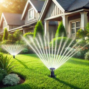 In irrigation system in action in a residential scene