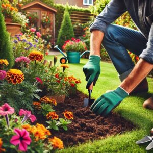 someone planting flowers in a flowerbed