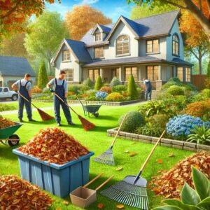 Two gardeners cleaning up a front lawn of all its autumn leaves